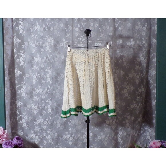 Vintage 40s Apron 1940s Crochet Ivory Green Cottagecore Retro Kitchen Gift - Picture 1 of 4